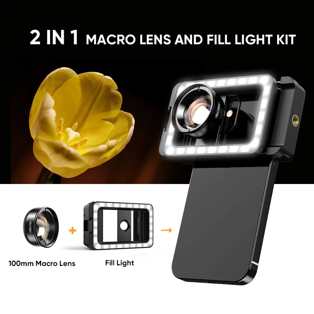 New 3 in 1 Mobile Phone Lens Clip and 100mm Macro Lens Kit with Fill Light - Image 4